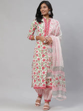 Women White Pink Ethnic Printed Pure Cotton Kurta With Salwar With Dupatta